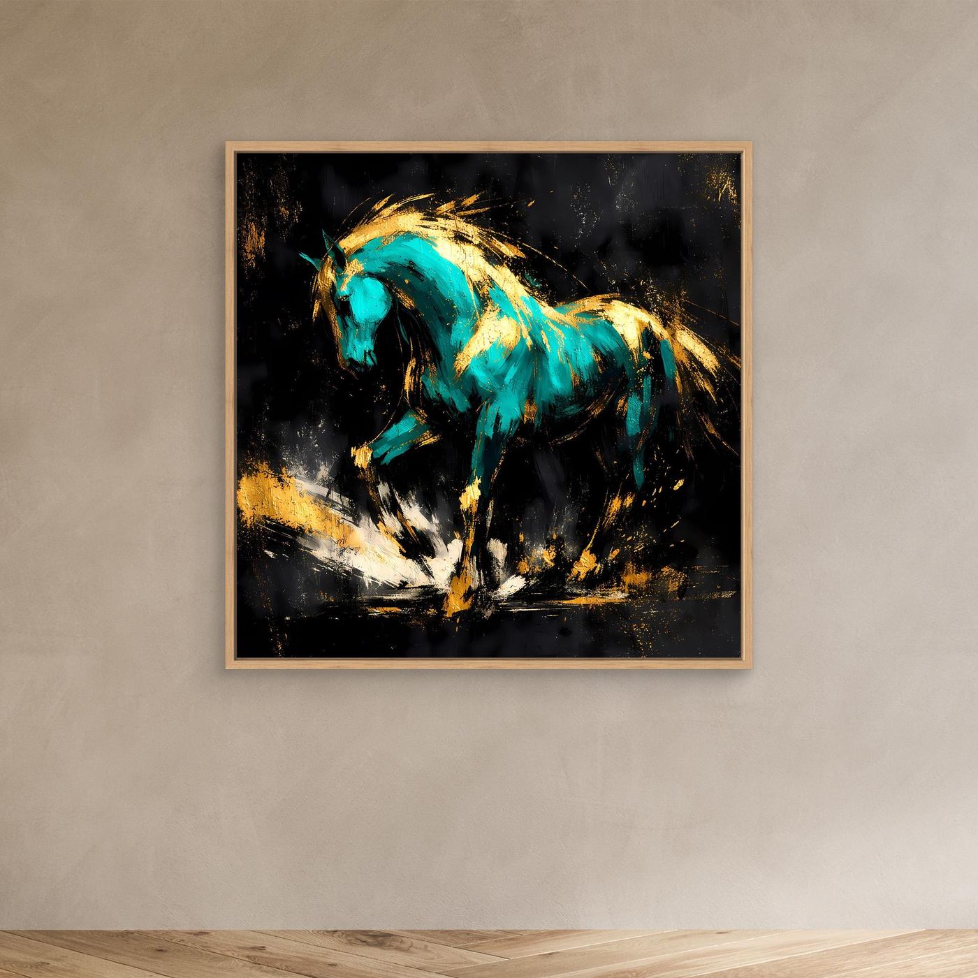 Leinwand Kraftvolles Pferd in Türkis und Gold | Modernes Abstraktes Wildtier Wandbild