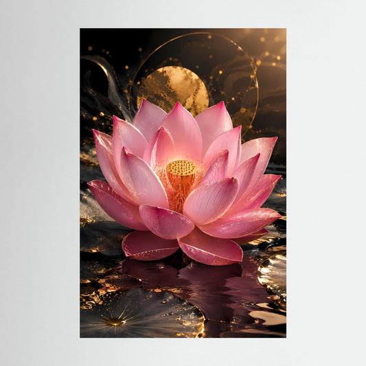 Lotusblüten-Poster im Hochformat, rosa Blüte mit goldener Mitte