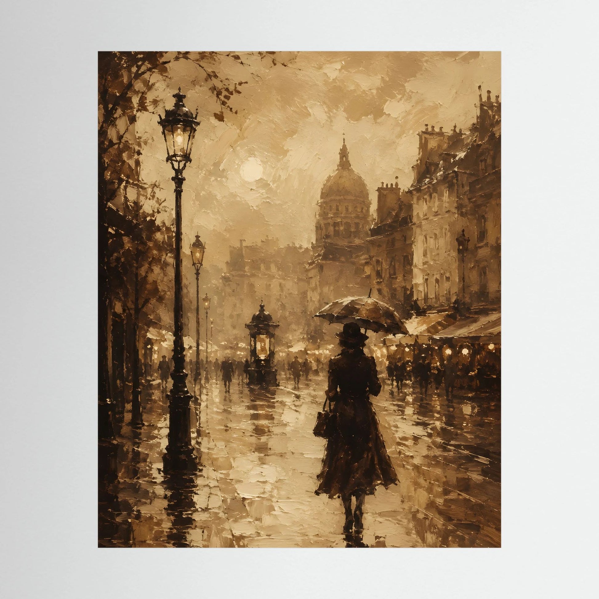 Vintage Poster mit sepia Straßenmotiv, beleuchtete Laternen und gehende Person