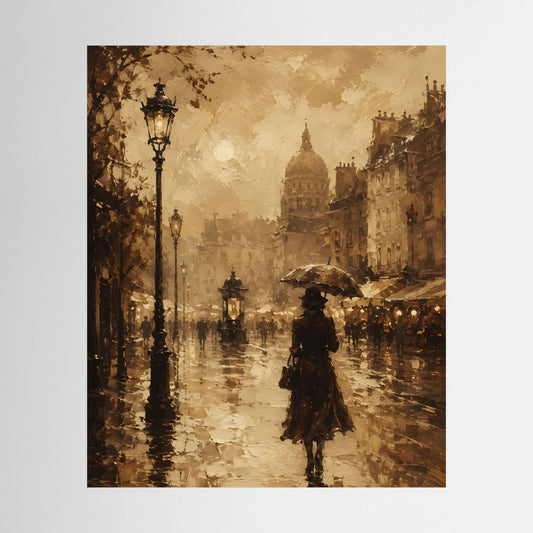 Vintage Poster mit sepia Straßenmotiv, beleuchtete Laternen und gehende Person