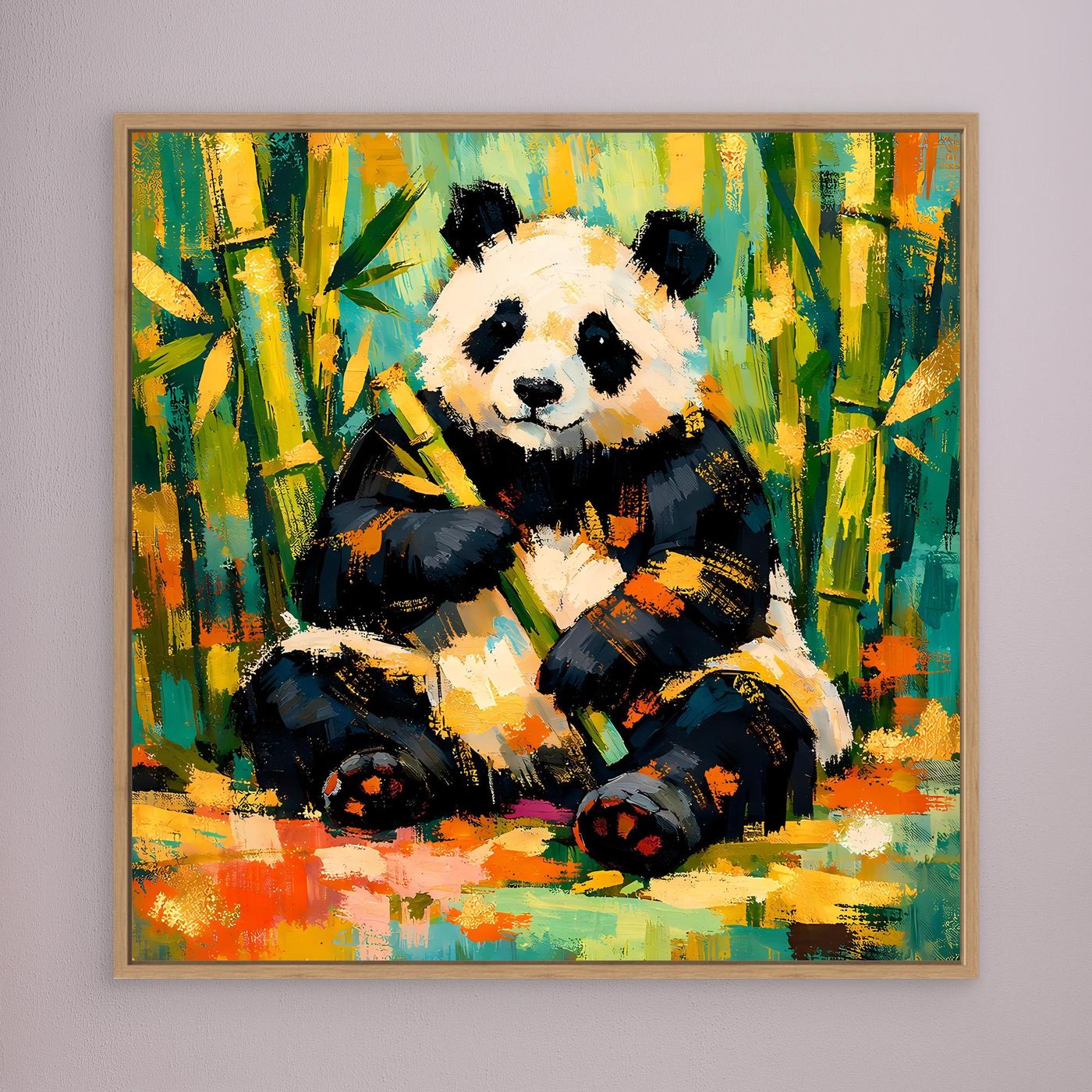 Leinwandbild mit Panda im Bambuswald, rechteckig, braun gerahmt