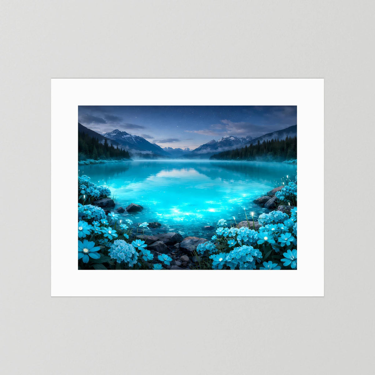 Poster im breiten weißen Passepartout mit blau leuchtendem Bergsee und blauen Blüten