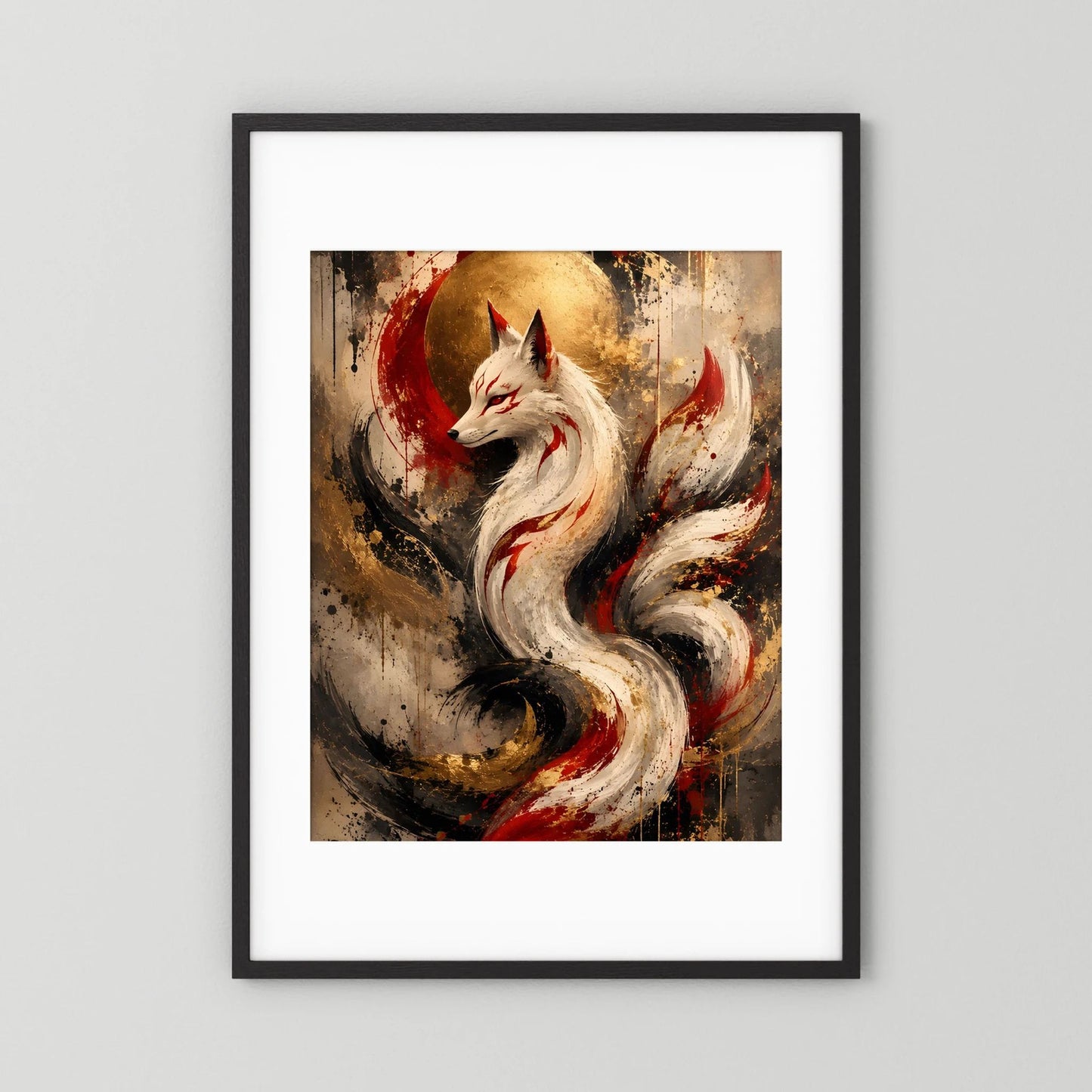 Kunstposter im Hochformat mit weißem Fuchs und goldenem Mond, schwarz-weiß gerahmt.