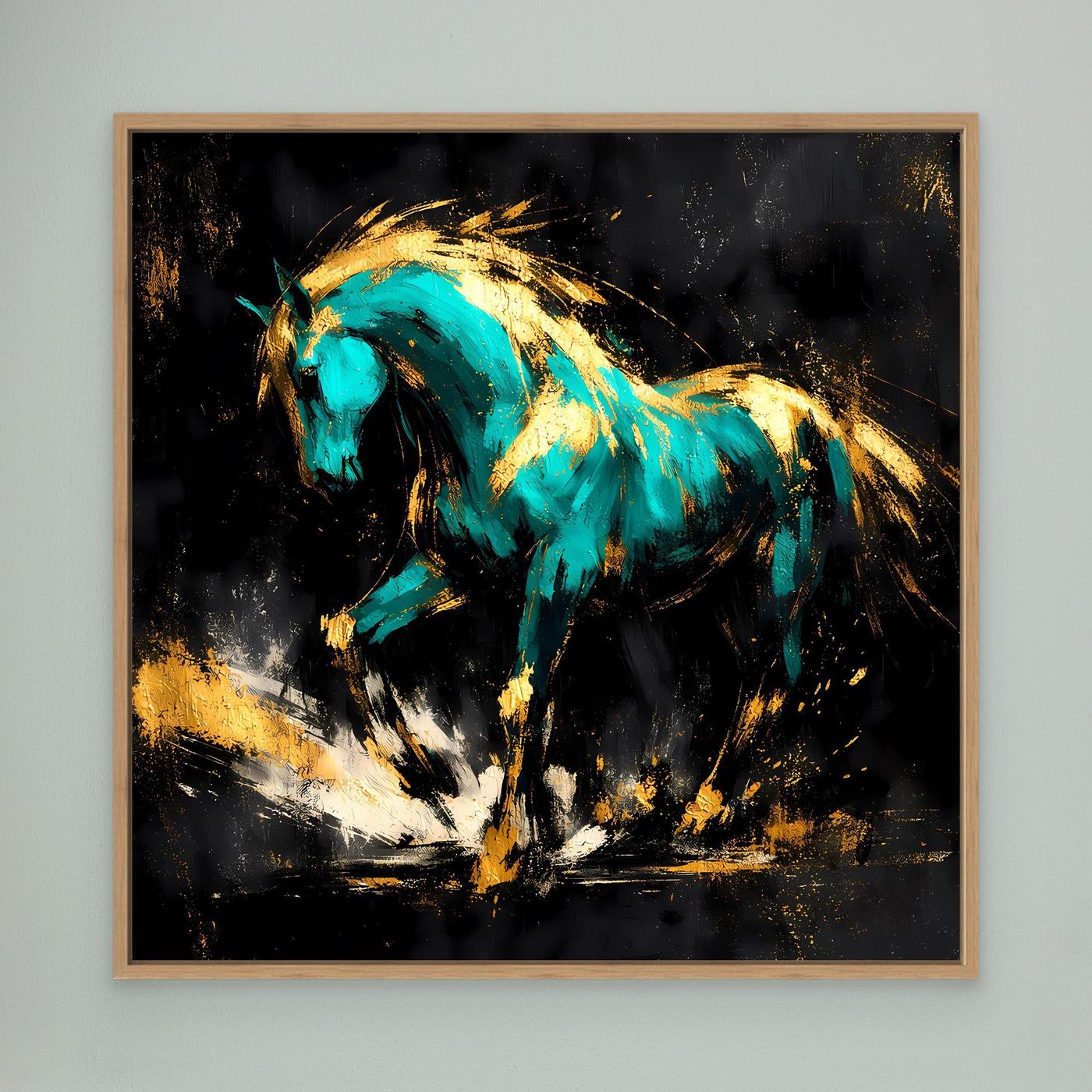 Leinwand Kraftvolles Pferd in Türkis und Gold | Modernes Abstraktes Wildtier Wandbild
