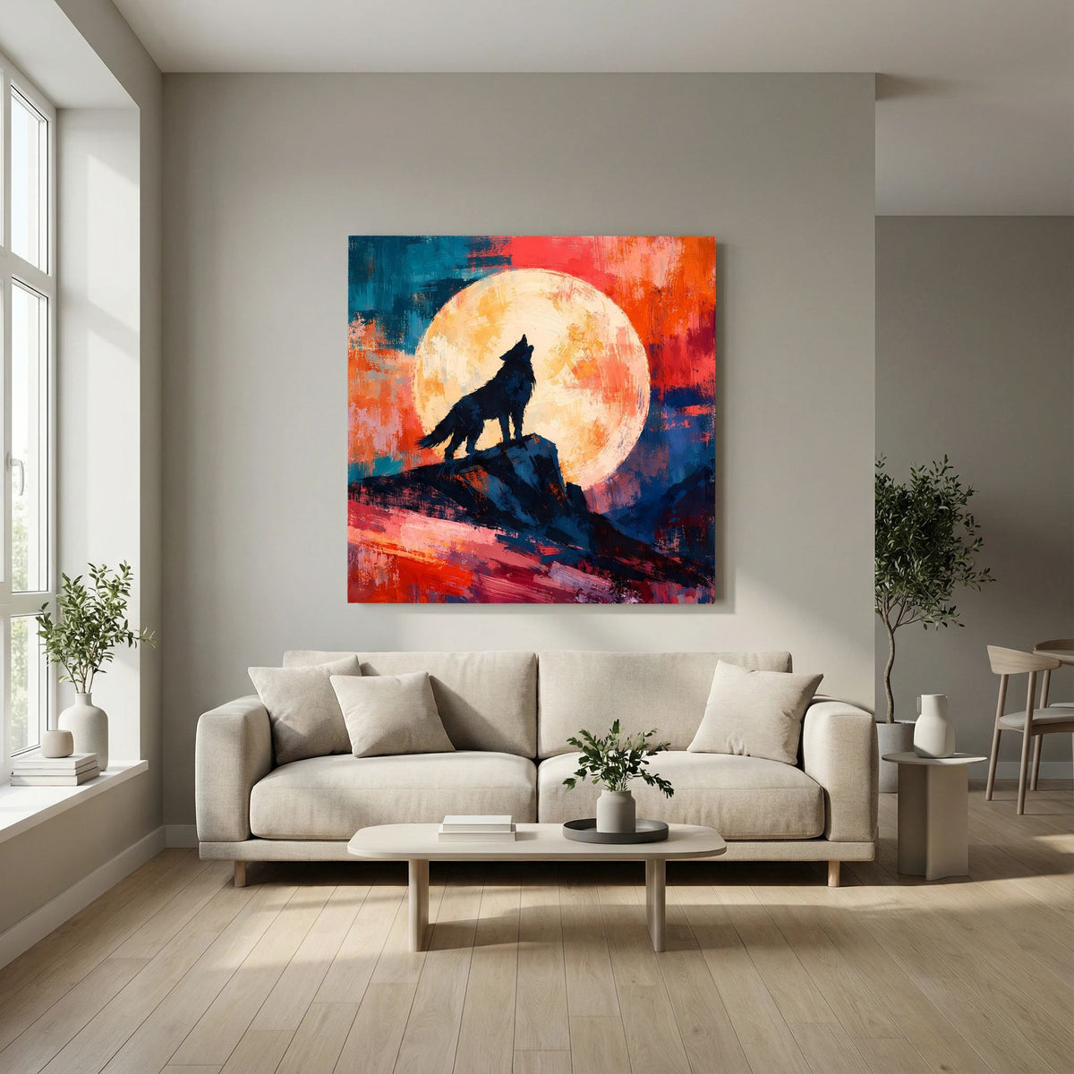 Leinwand Abstraktes Wolf Gemälde | Modernes Mystisches Wandbild Heulender Wolf Vollmond