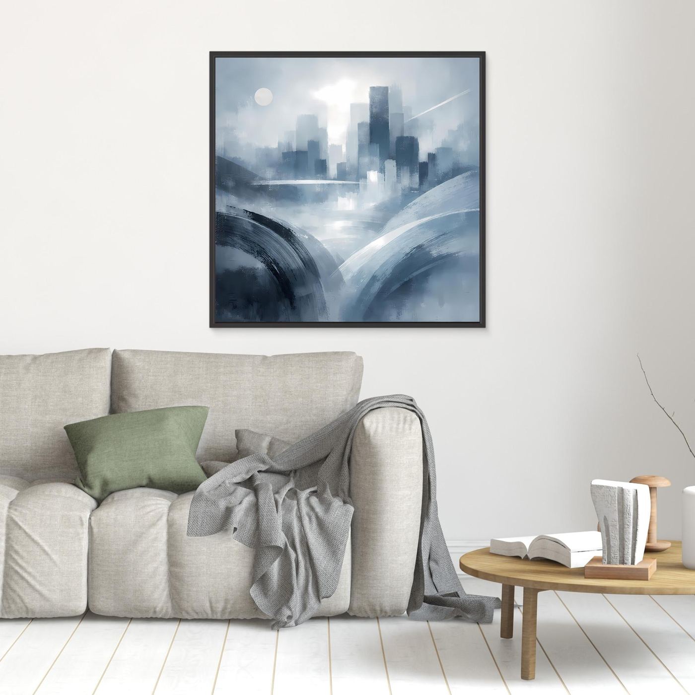 Leinwandbild mit schwarzem Rahmen: abstrakte Skyline in Blau-Grau, helle Nebelszene