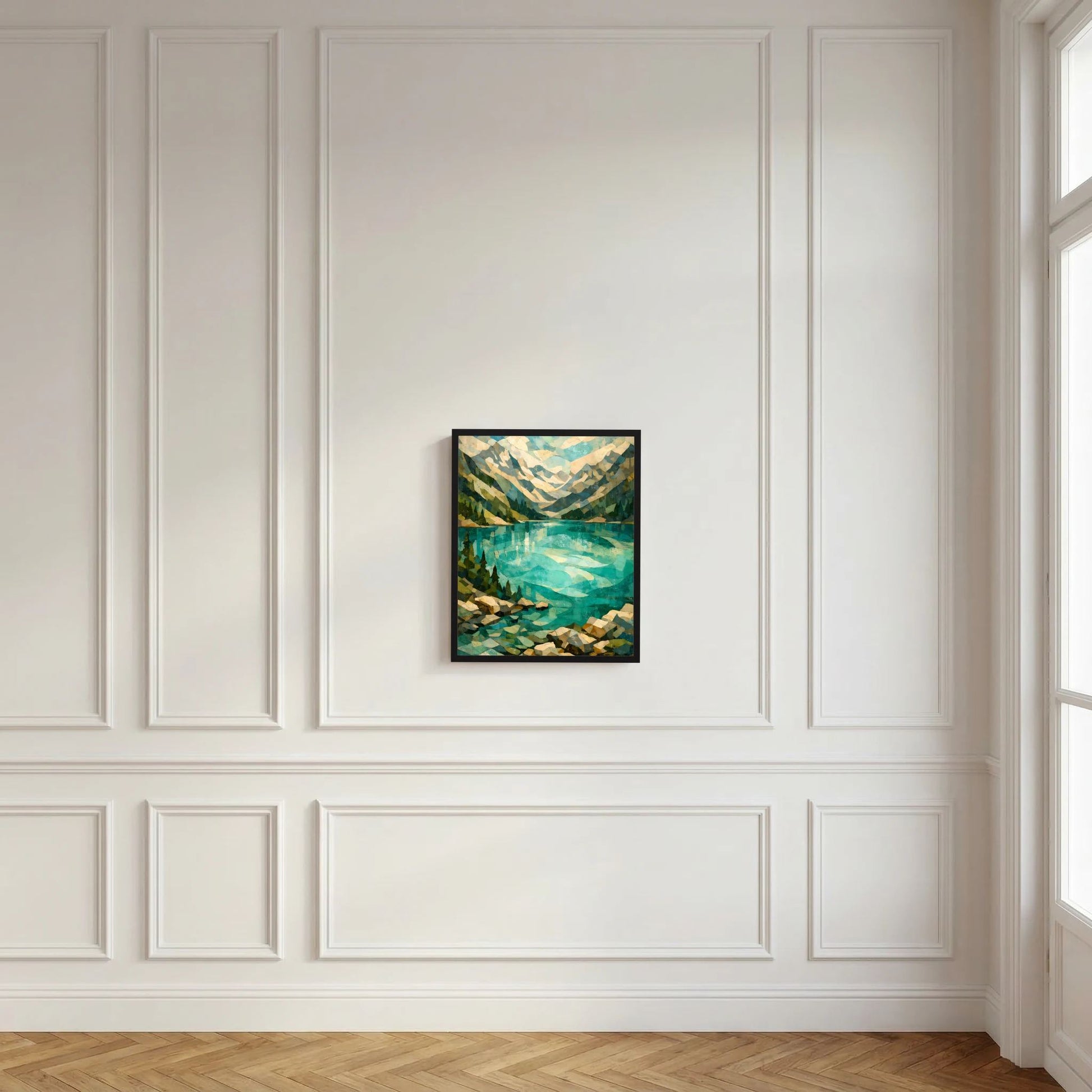 Gerahmtes Kunstposter mit schwarzem Rahmen: abstrakte Alpenlandschaft in Türkis