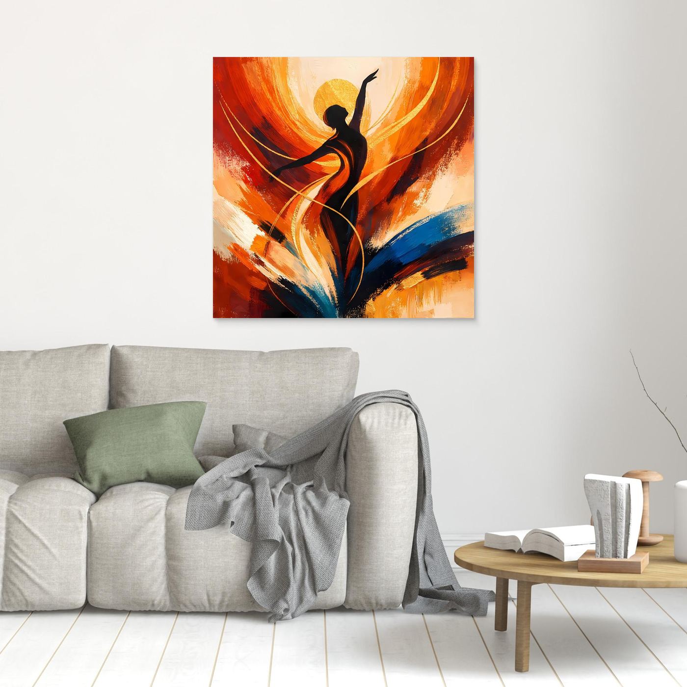 Leinwandbild mit Tänzerin-Silhouette und abstrakten Pinselstrichen in Orange, Gelb und Blau