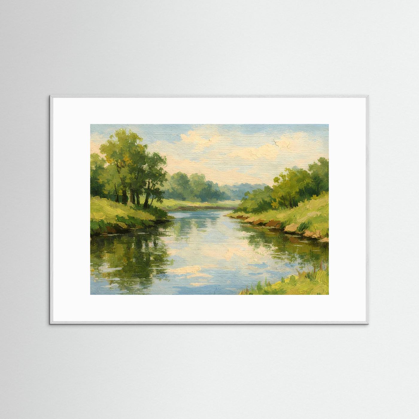 Landschafts-Wandbild mit Fluss und Bäumen; weißer Rahmen mit weißem Rand