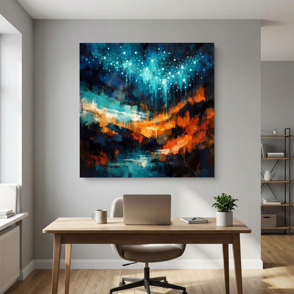 Abstraktes Wandbild mit funkelnden blauen Elementen, orange Lichtstreifen und tiefem Blau