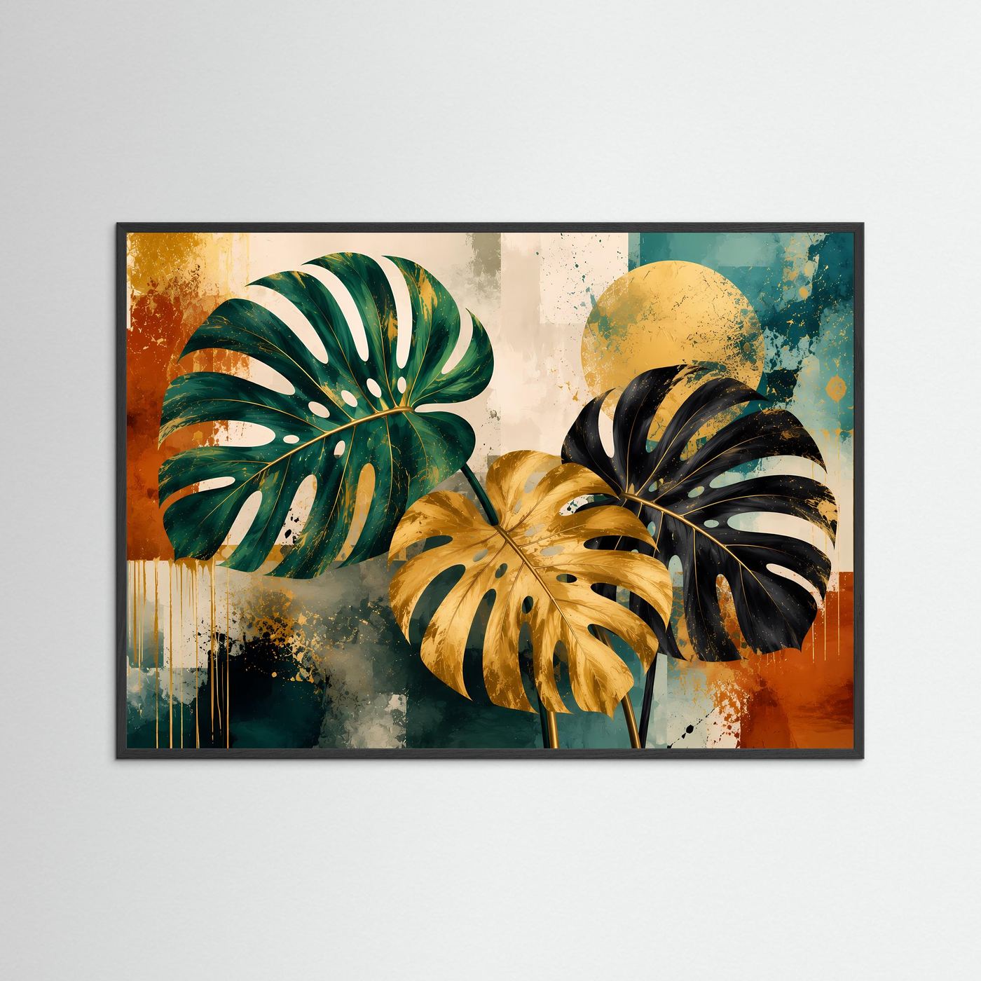 Luxuriöse Monstera Blätter in Grün, Gold & Schwarz | Abstrakte Botanische Kunst – Modernes Poster Querformat