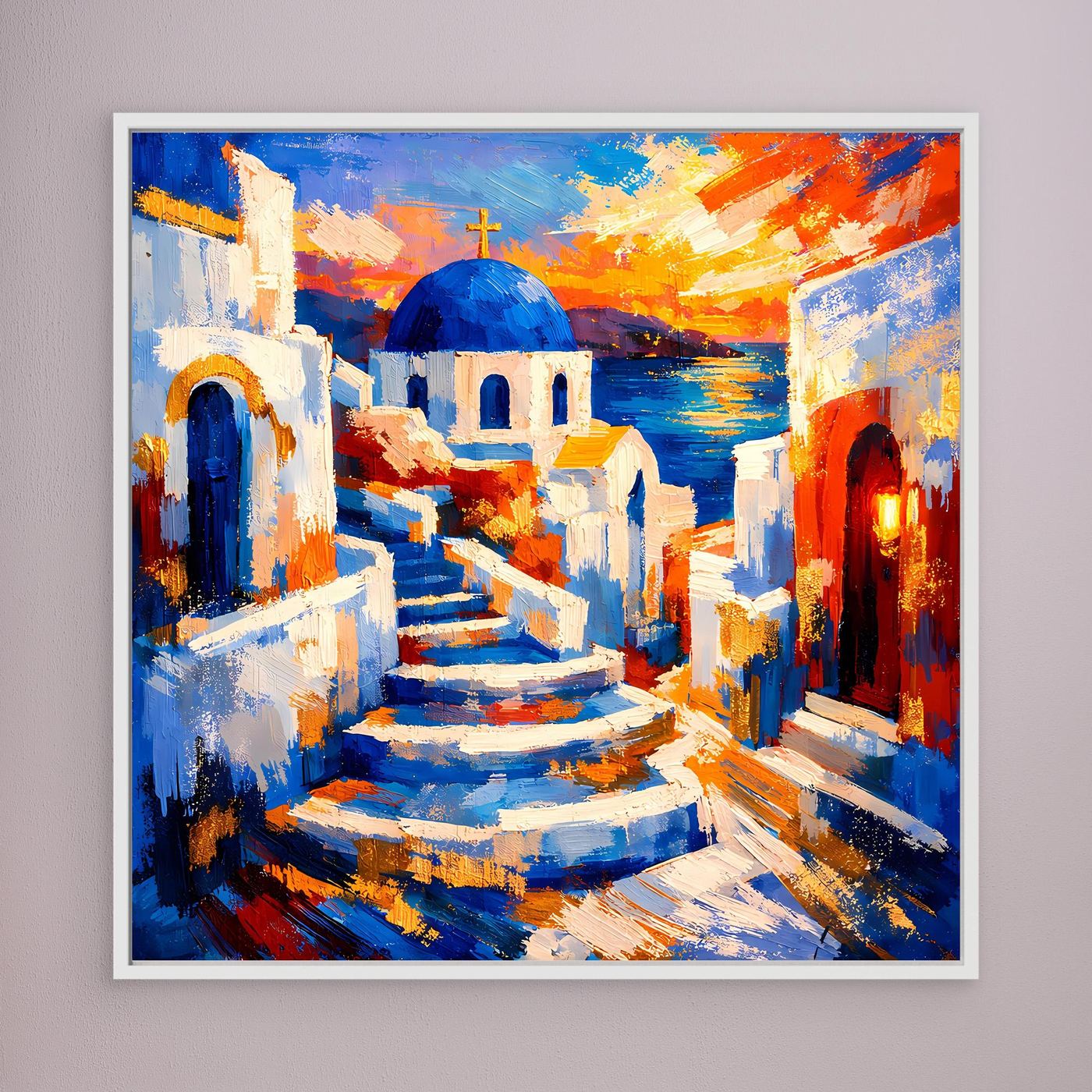 Leinwandbild mit abstrakter Santorin-Gasse, weißer Rahmen, Treppe, blaue Kuppel