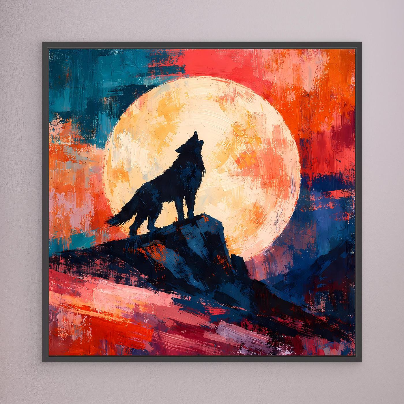 Leinwand Abstraktes Wolf Gemälde | Modernes Mystisches Wandbild Heulender Wolf Vollmond