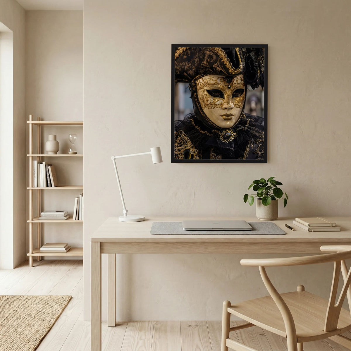Venezianisches Masken-Poster in Schwarz und Gold, zentrales Motiv der goldenen Maske