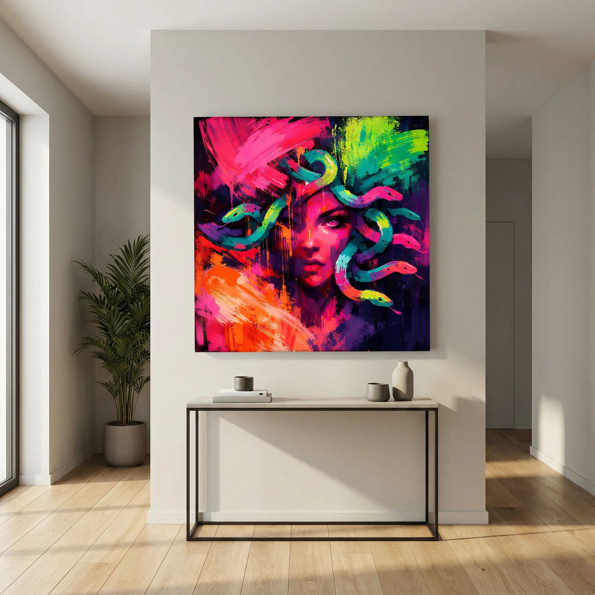 Neon-abstraktes Medusa-Leinwandbild mit Frauengesicht und bunten, geschwungenen Schlangen