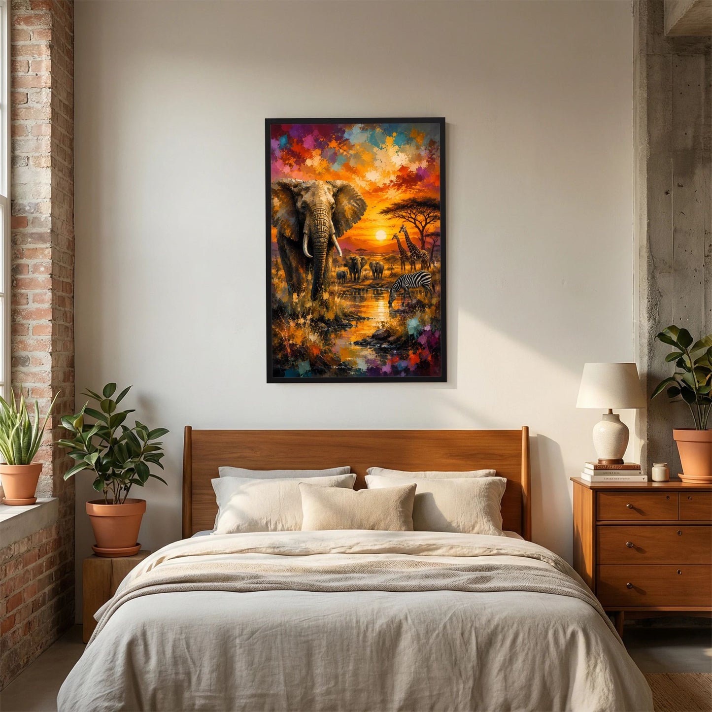 Poster im Hochformat mit schwarzem Holzrahmen: Elefant, Zebras und Sonnenuntergang über Wasser