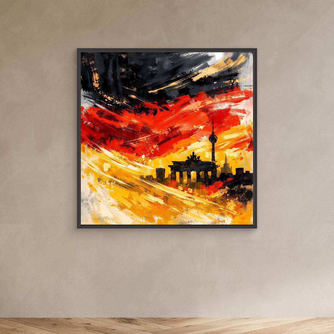 Leinwandbild Skyline Berlin mit schwarzem Rahmen, abstrakte Skyline in Rot, Orange und Gelb