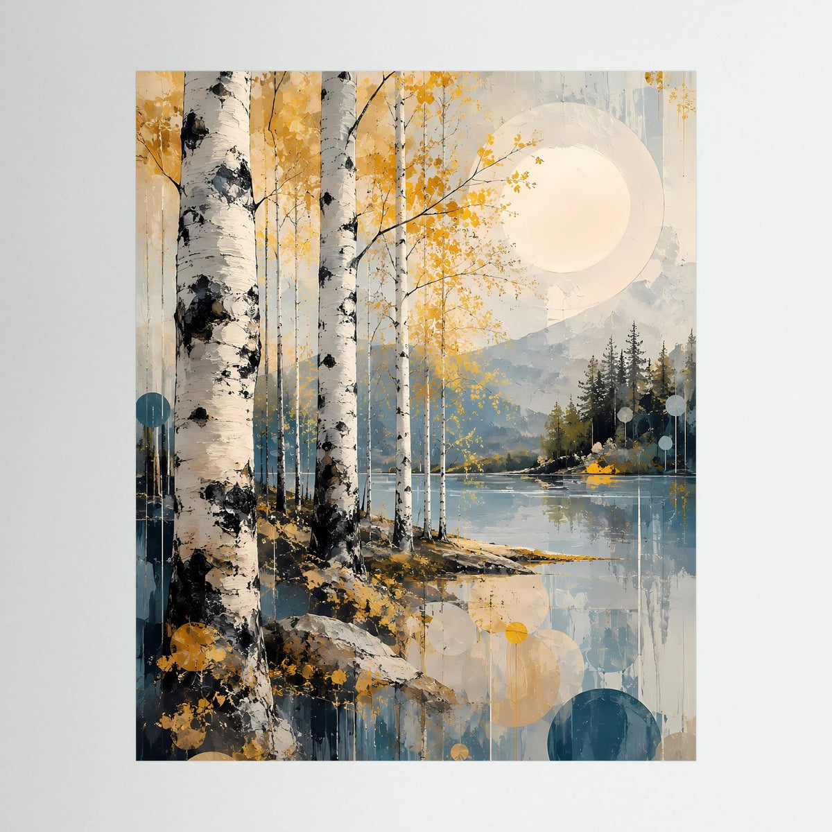 Abstraktes Poster im Hochformat: Birkenwald am See, Gold- und Blautöne, runde Lichtkreise