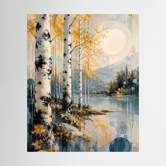 Abstraktes Poster im Hochformat: Birkenwald am See, Gold- und Blautöne, runde Lichtkreise