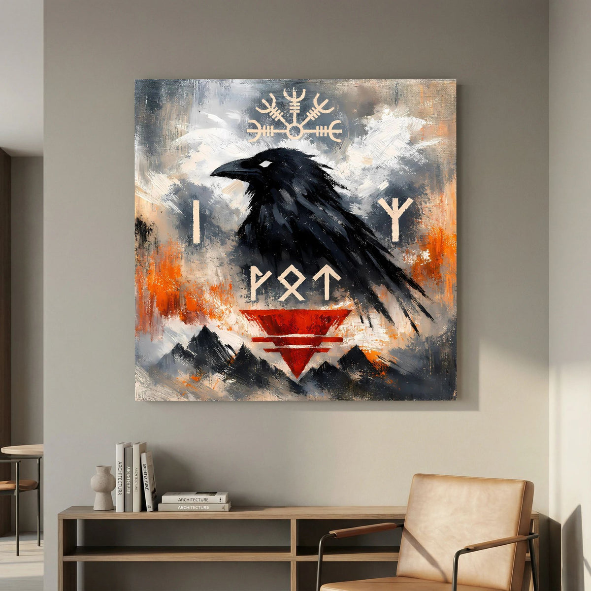 Wandbild mit schwarzem Raben, Runensymbolen und rotem Dreieck, wolkige Grau-Orange-Flächen