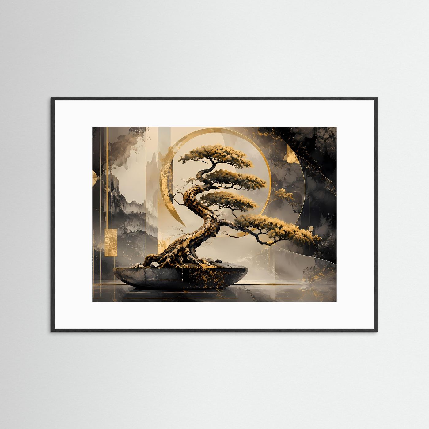 Goldener Bonsai – Zen Baum in Schwarz & Gold | Elegante abstrakte Wandkunst