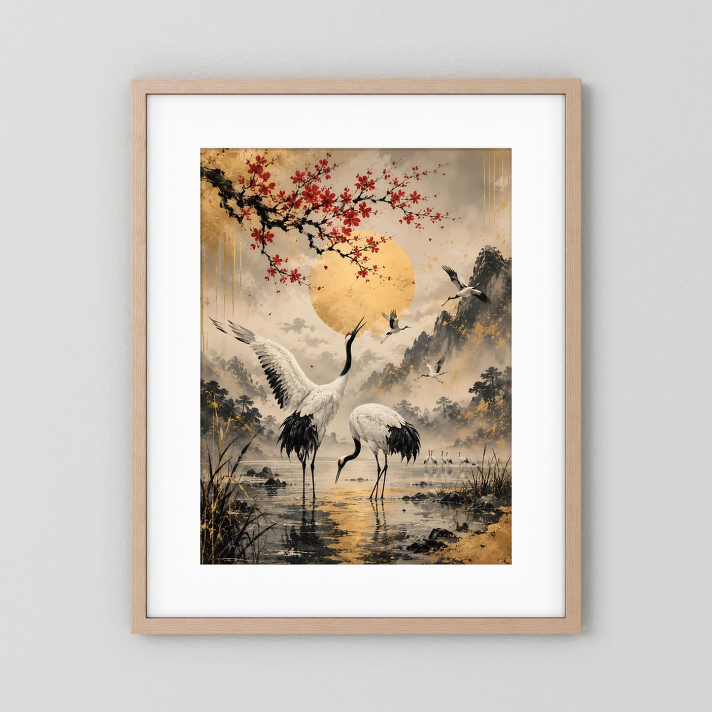 Poster im Hochformat: Kraniche, roter Blütenzweig und goldene Sonne, hellbrauner Rahmen
