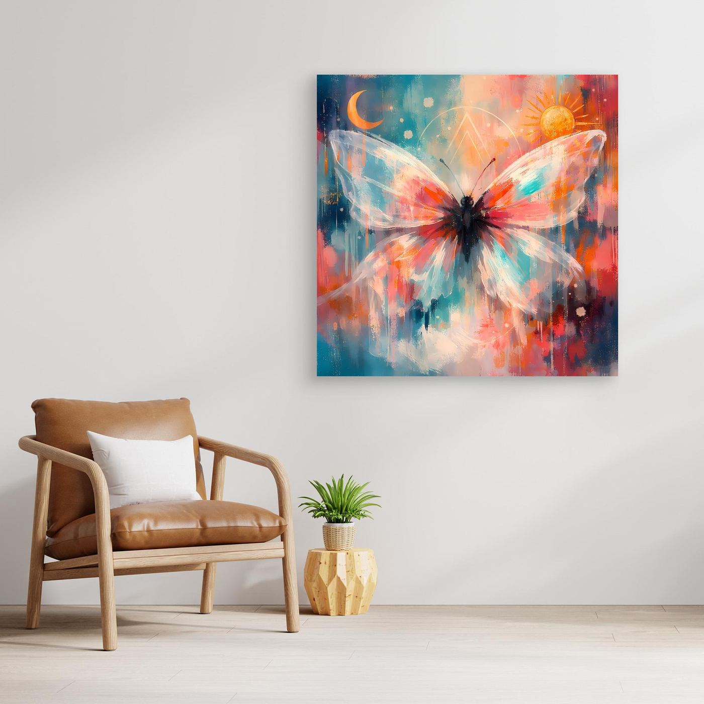 Leinwand-Wandbild mit kosmischem Schmetterling, Sonne und Mond, ohne Rahmen