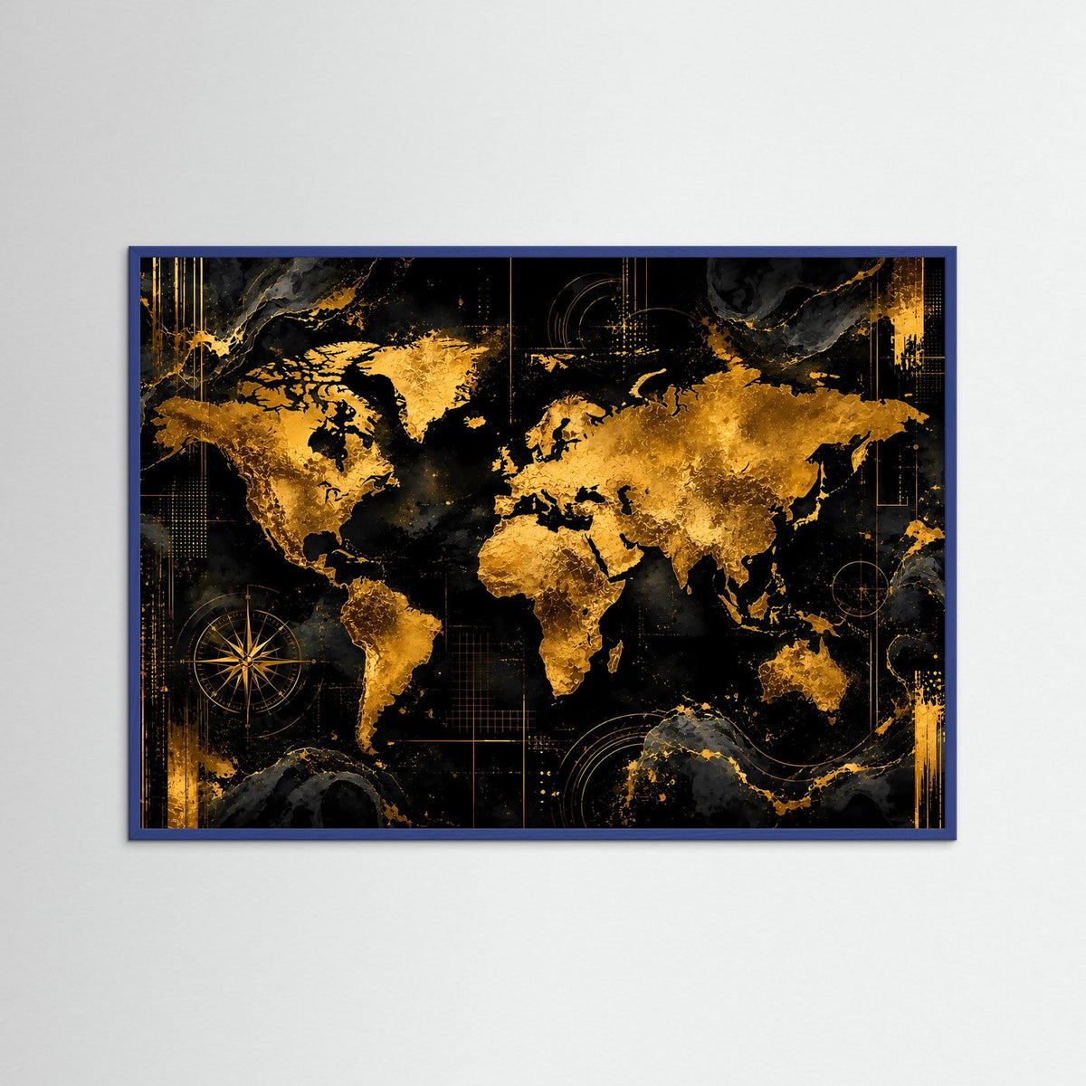 Querformatiges Poster mit blauer Holzumrandung: abstrakte Weltkarte in Schwarz und Gold