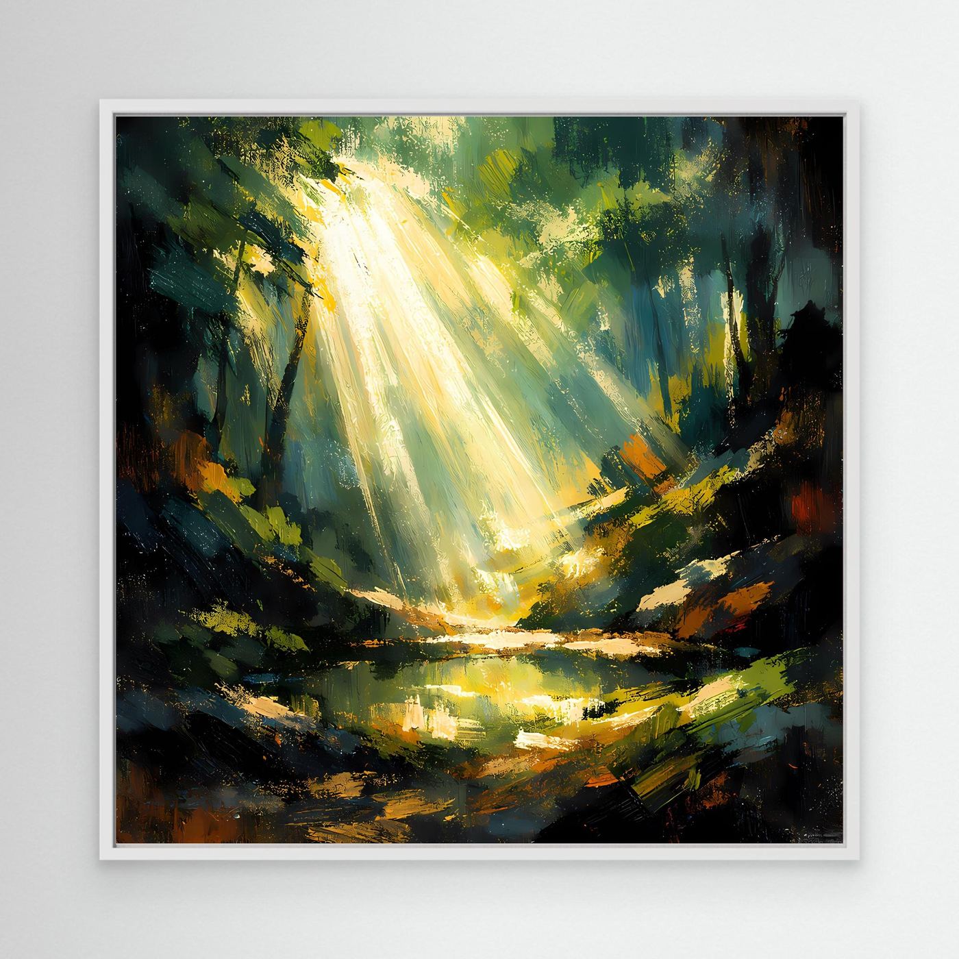 Leinwandbild: goldene Lichtstrahlen im Wald über Teich, mit weißem Rahmen