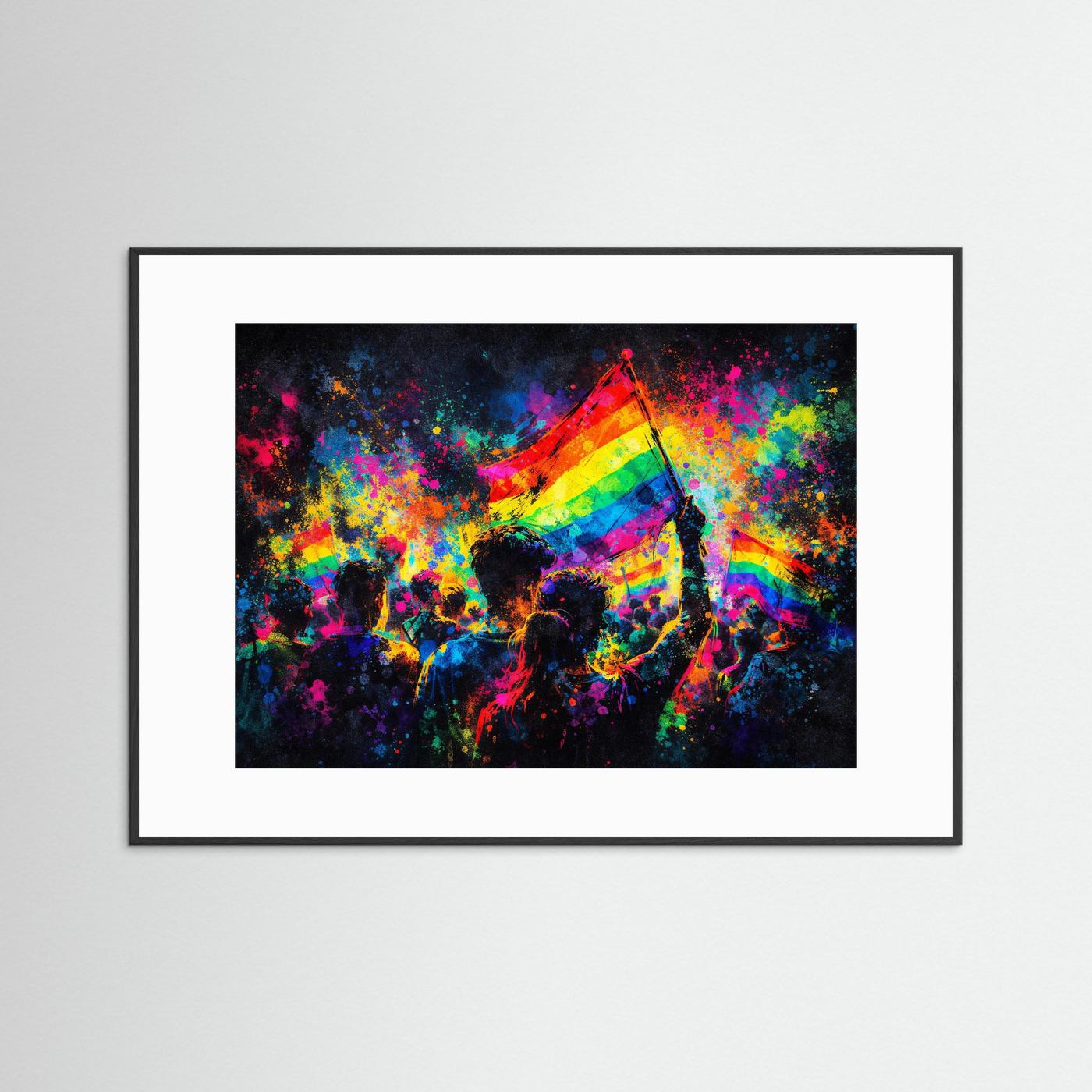 Poster mit Regenbogenflagge und Menschenmenge in bunten Spritzfarben, grauer Außenrahmen