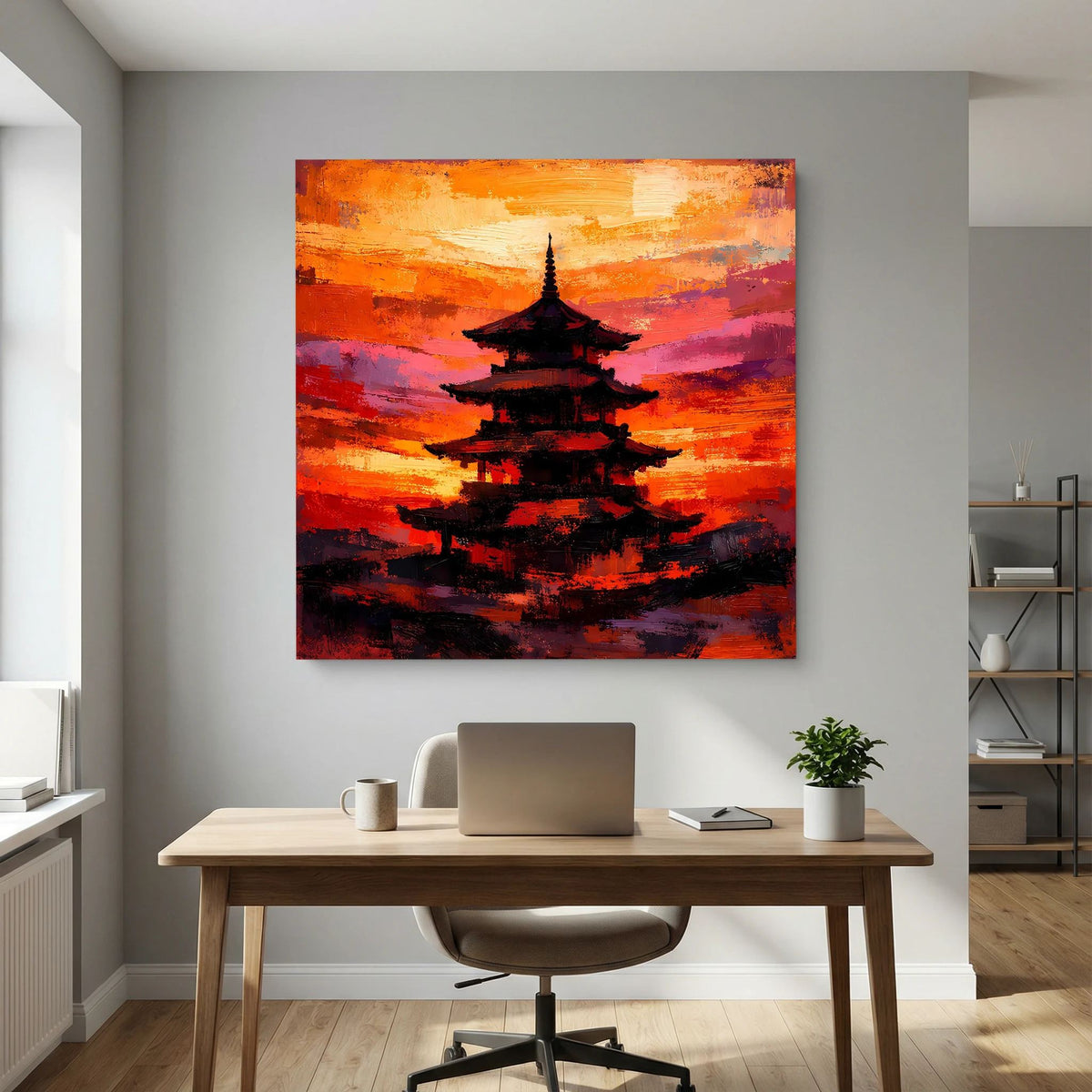 Leinwandbild mit japanischer Pagode, dunkle Silhouette mit abstraktem Hintergrund in Orange und Magenta
