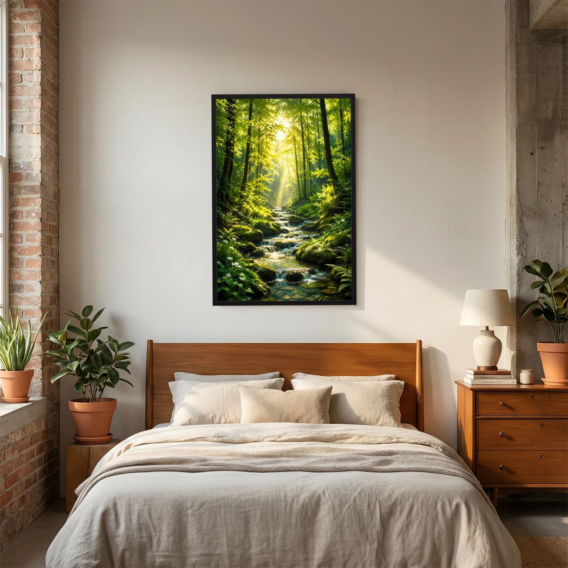 Poster im Hochformat mit schwarzem Rahmen: Waldlandschaft mit Bach und Lichtstrahlen.