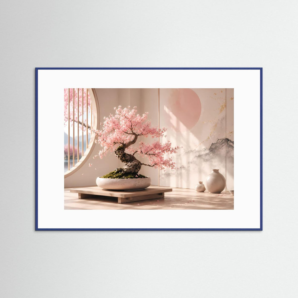 Gerahmtes Poster im Querformat mit Sakura-Bonsai und rosafarbenen Blüten auf Holzsockel.