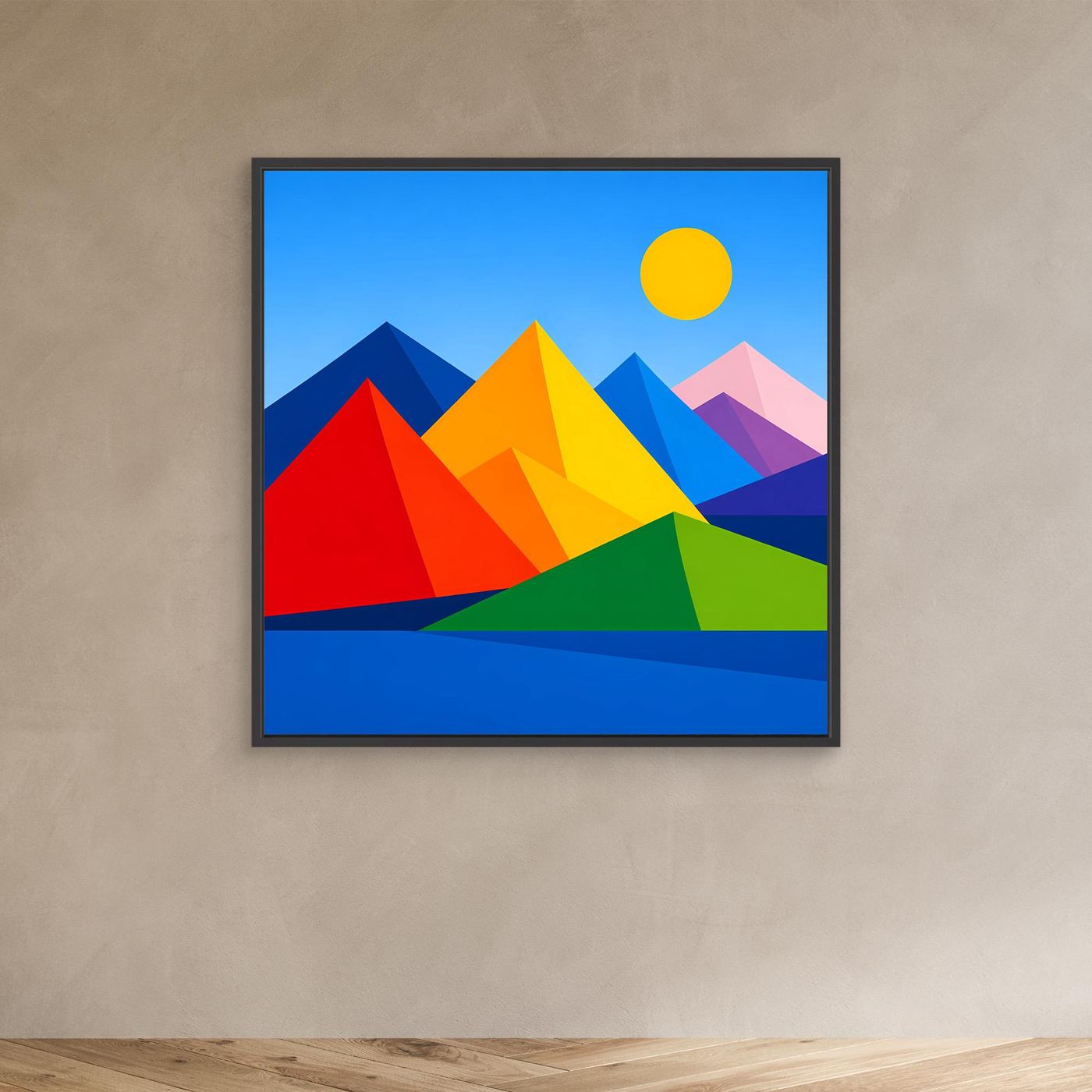 Leinwandbild mit geometrischer Berglandschaft, bunte Berge und gelbe Sonne im schwarzen Rahmen