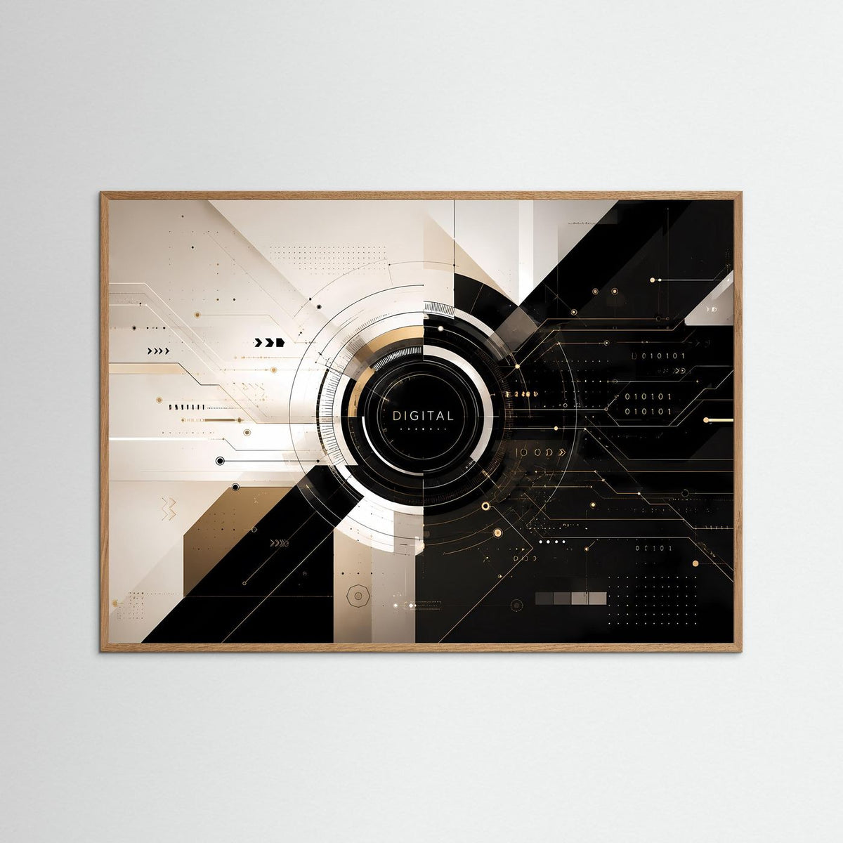 Abstraktes Tech-Poster im Querformat mit Digital-Emblem, dunklem Holzrahmen