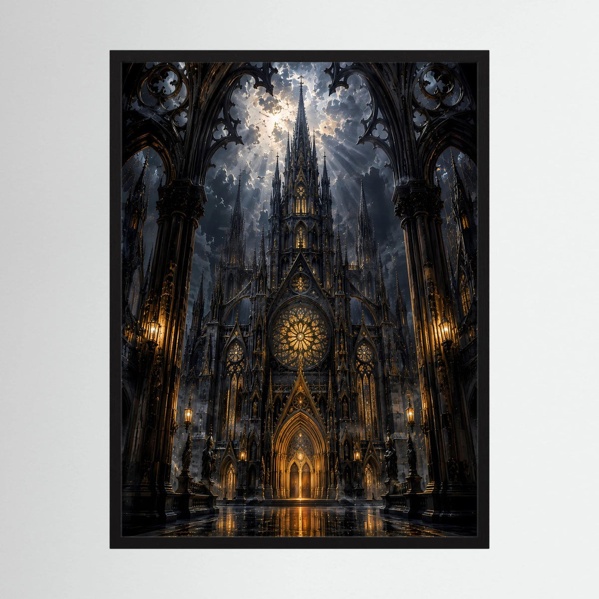 Gotischer Kathedralenposter im Hochformat, schwarzer Hintergrund mit goldenen Lichtsäumen
