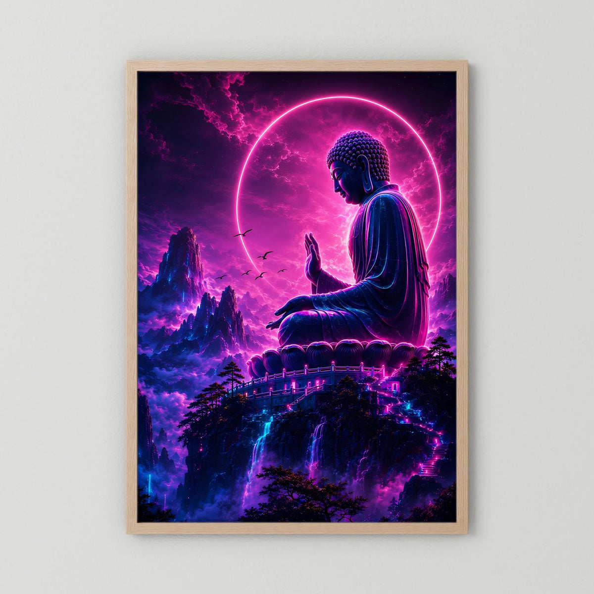 Neon-Buddha-Poster im Eichen-Holzrahmen, sitzender Buddha mit leuchtendem Kreis