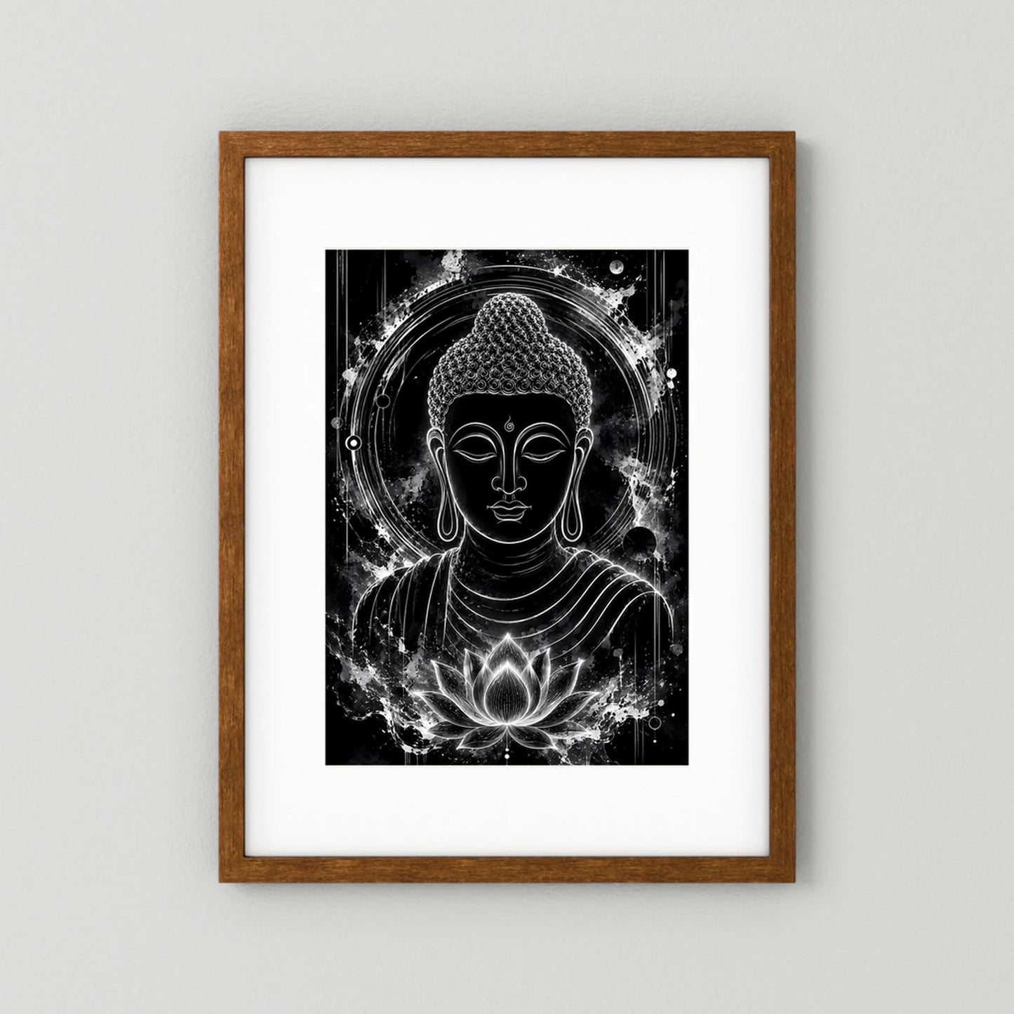 Hochformat-Poster mit Buddha-Gesicht, Lotusblüte und Lichtkreis, schwarz-weiß, Holzrahmen braun