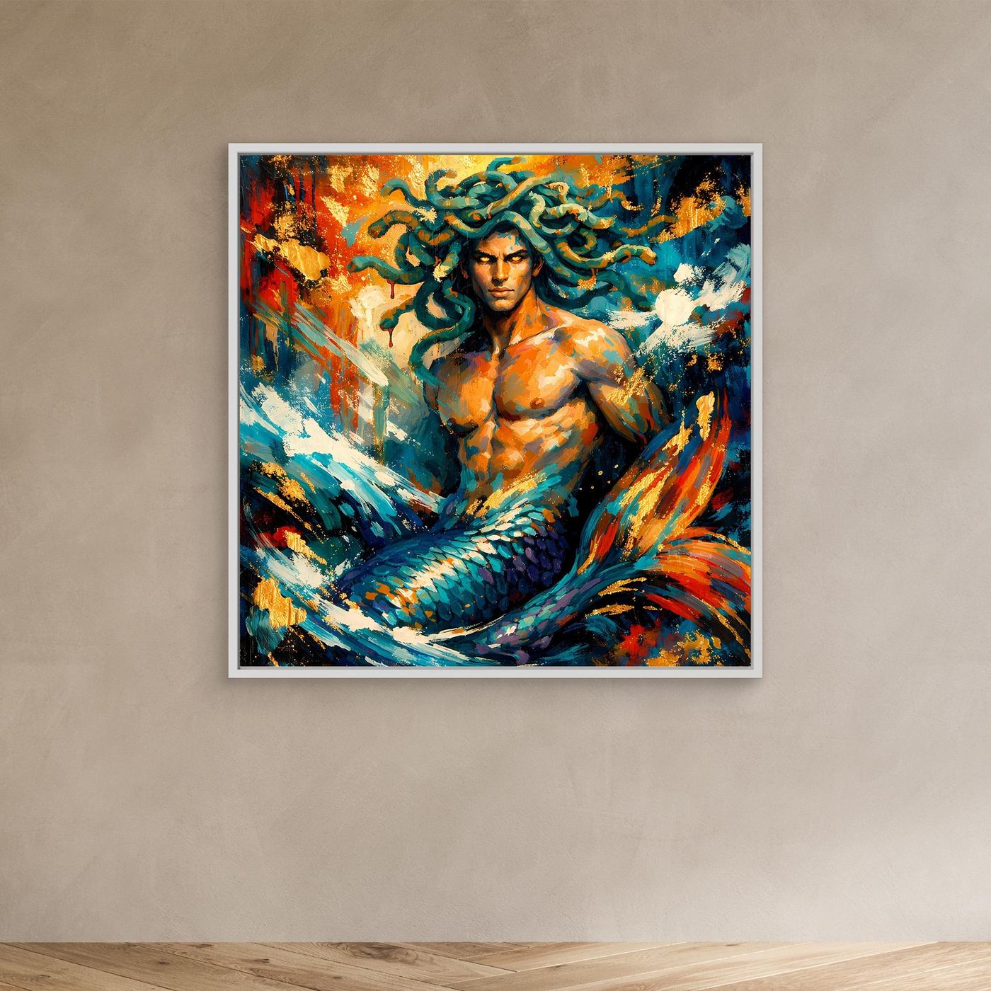 Leinwandbild Meermann mit Medusa-Haar, abstrakt, buntes Meerwesen, weißer Rahmen