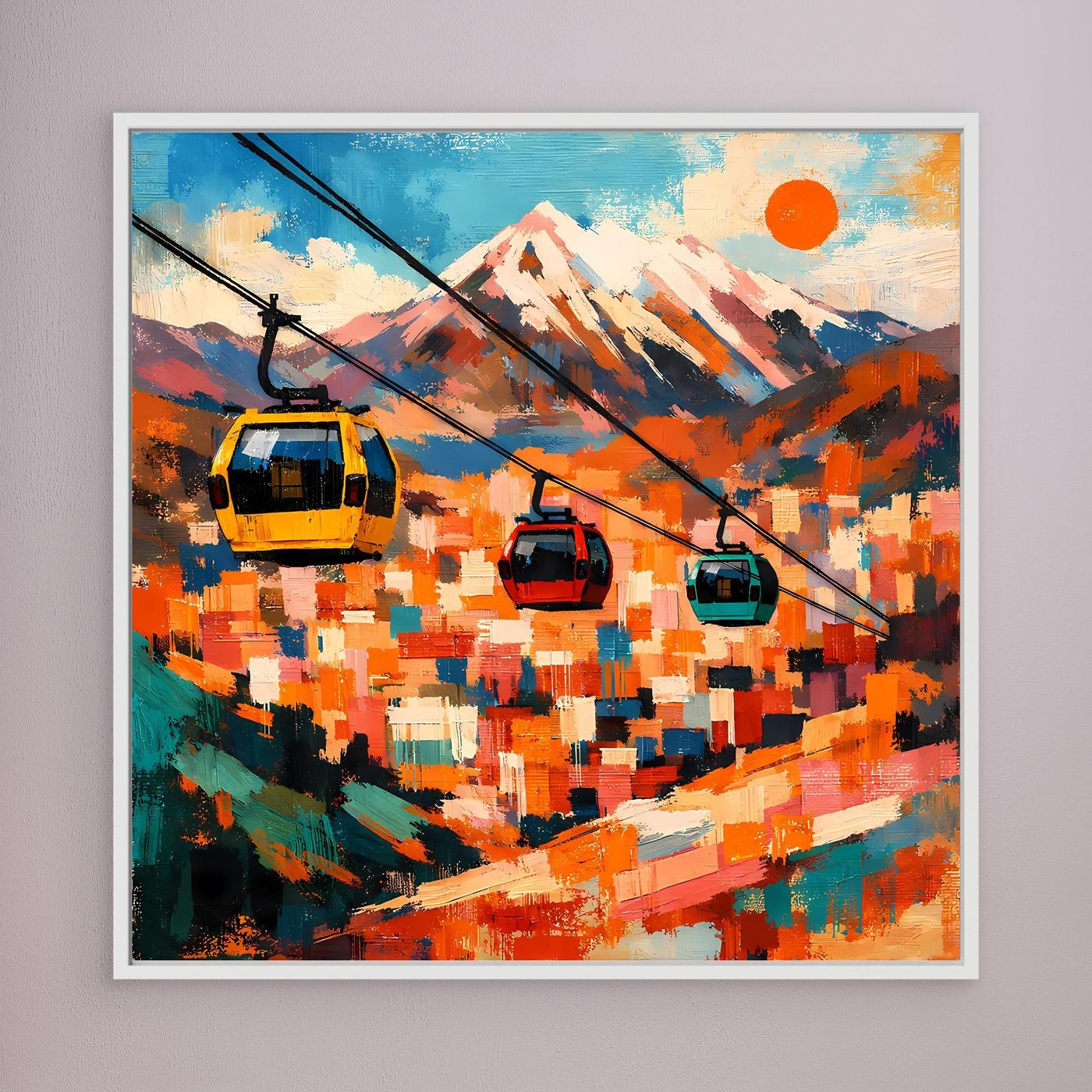 Abstraktes Leinwand-Wandbild mit Seilbahn-Gondeln, weiß gerahmt, kräftige Farbfelder