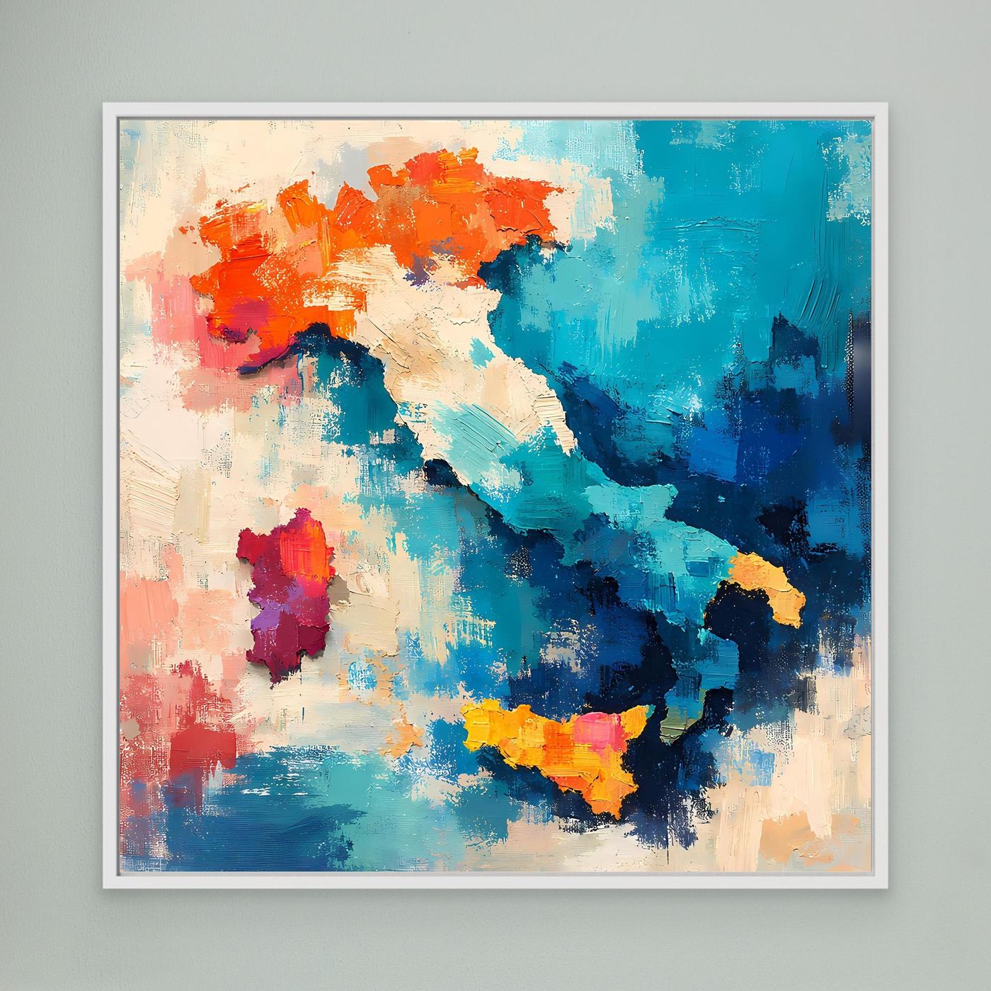 Abstract Italy map canvas wall art with white frame, blue and orange paint textures.