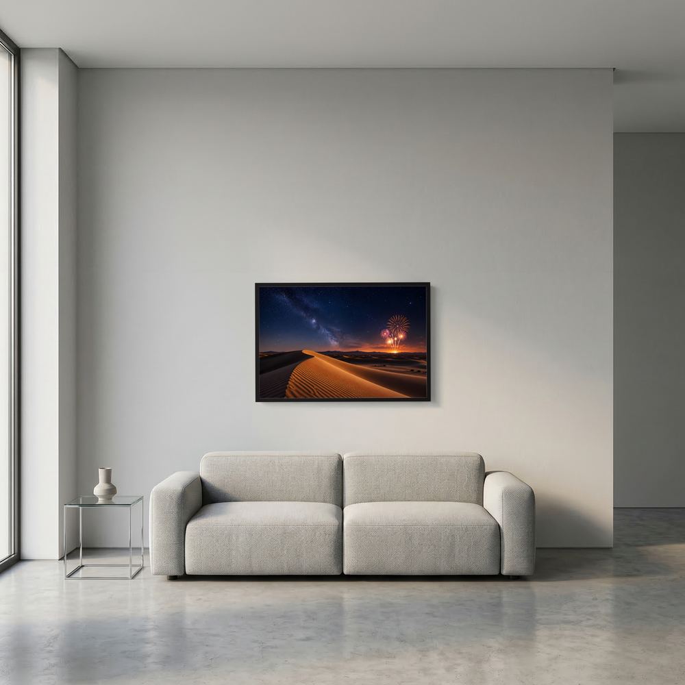 Wandbild/Poster im Querformat mit Wüstendünen, Sternenhimmel und Feuerwerk