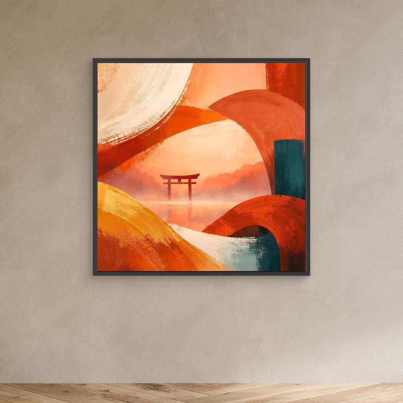 Leinwandbild mit Torii-Tor in Orange- und Türkistönen, mit dunklem Rahmen an Wand.