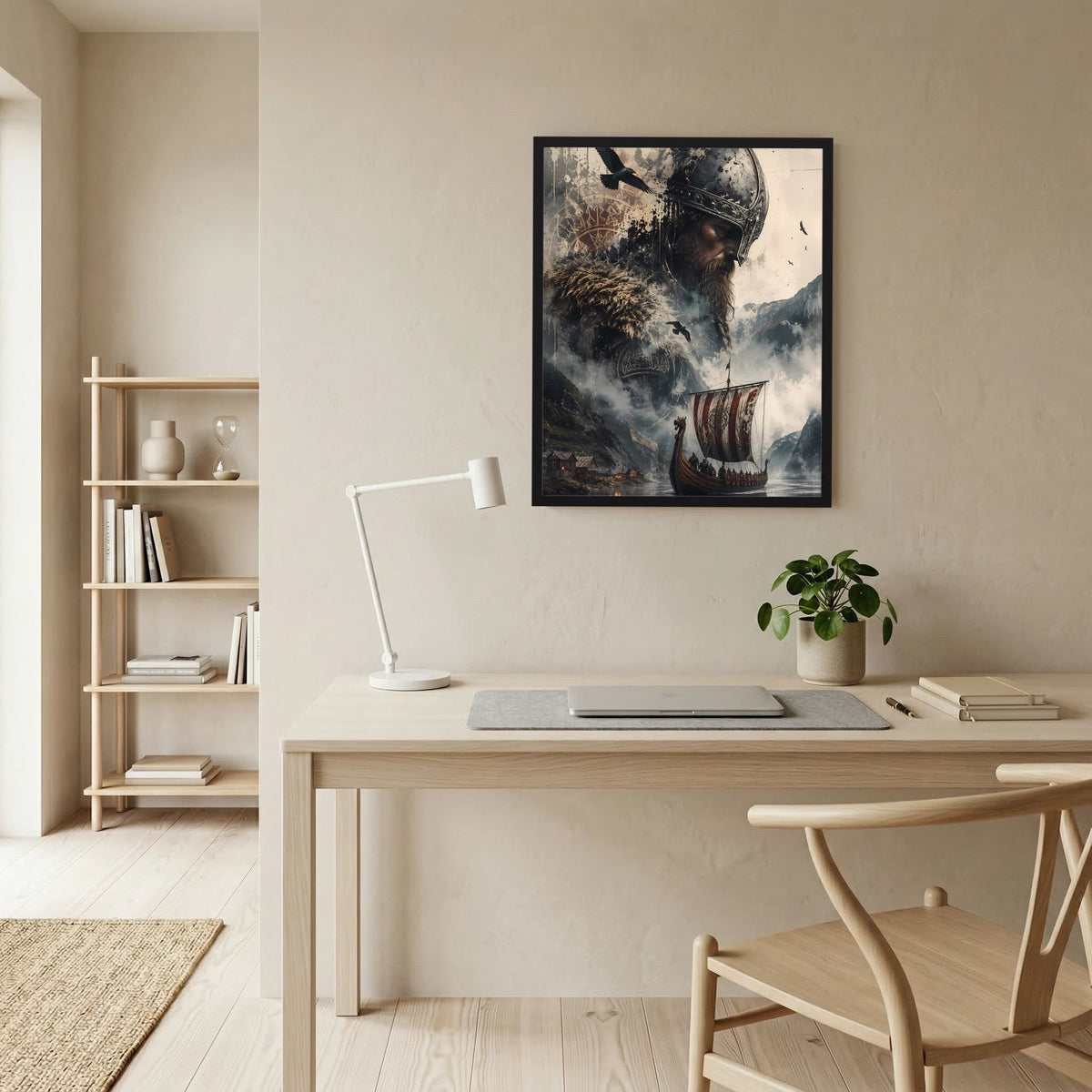 Gerahmtes Hochformat-Poster mit Wikingerhelm und Langschiff mit roten Streifen