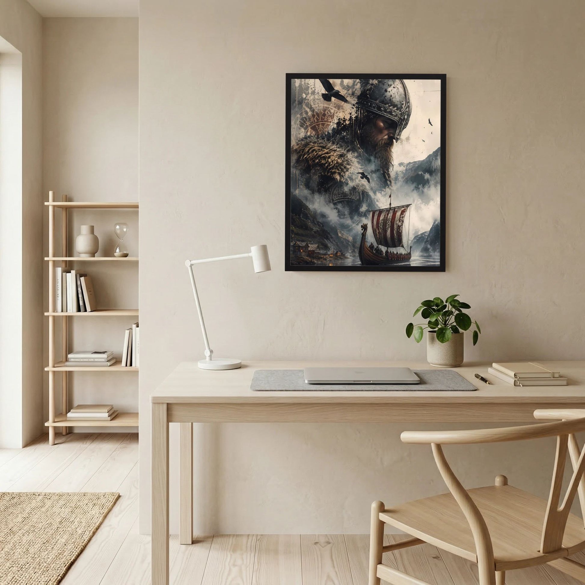 Gerahmtes Hochformat-Poster mit Wikingerhelm und Langschiff mit roten Streifen