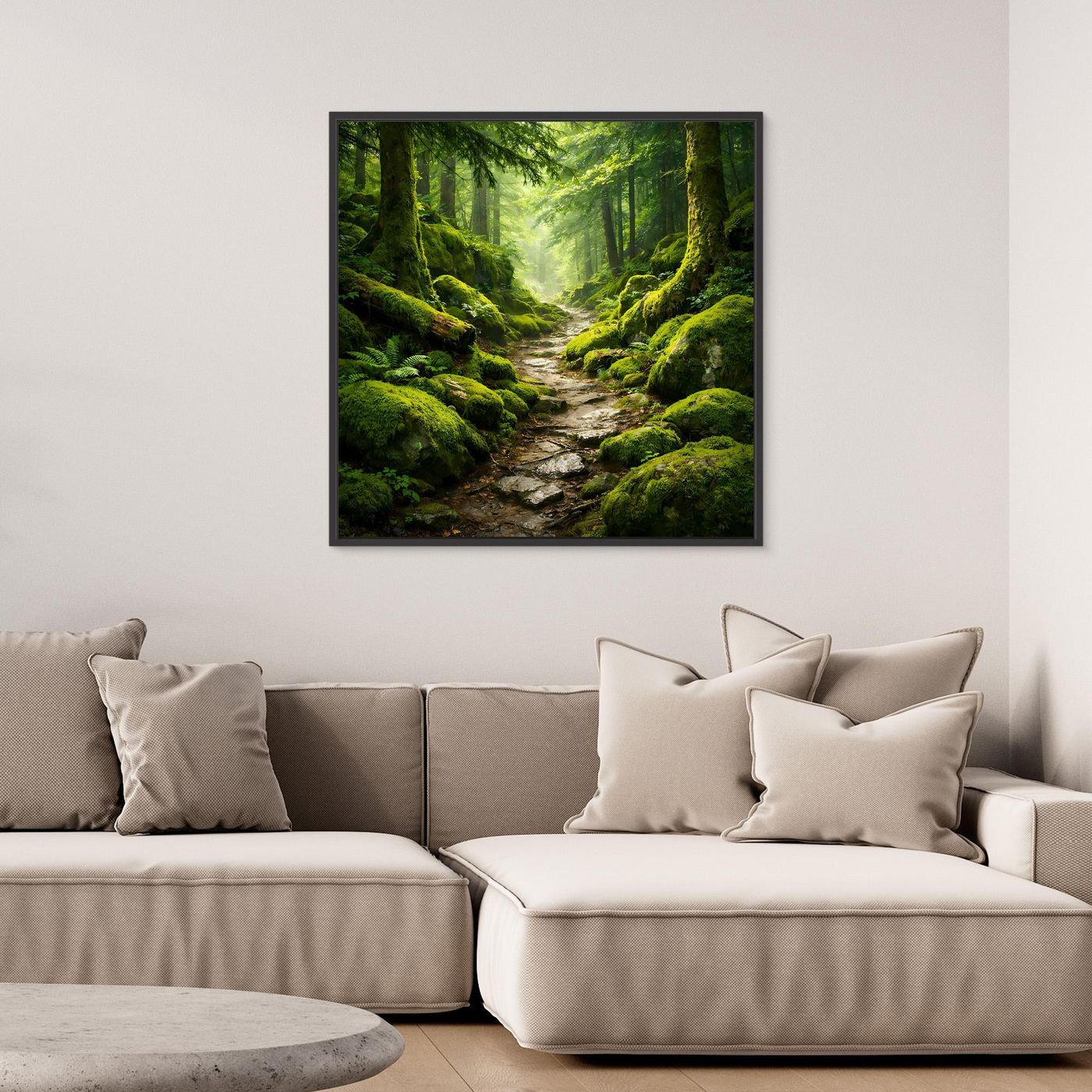 Gerahmtes Leinwandbild, Blick in den Wald: moosbedeckte Steine und grasgrüne Büsche