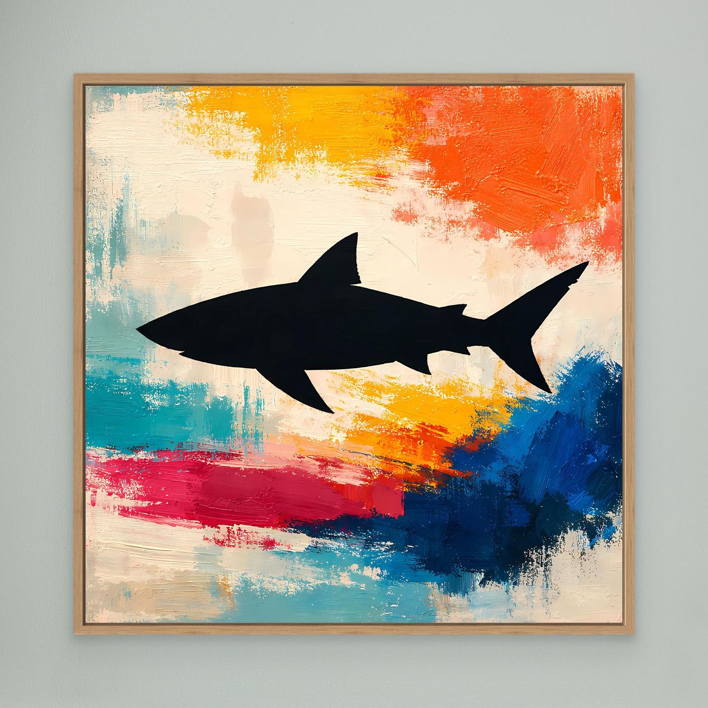 Leinwand Minimalistische Hai-Silhouette im Farbenmeer | Abstraktes Pop-Art Wandbild