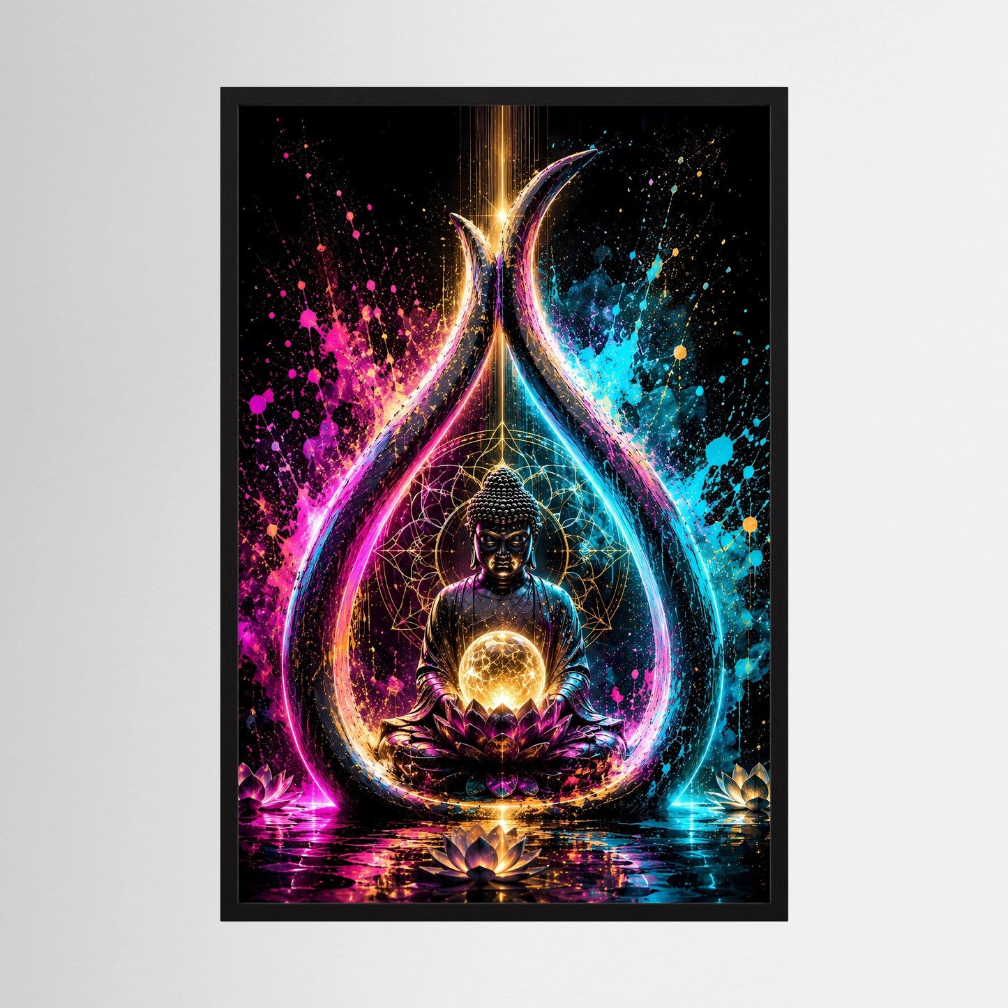 Poster im schwarzen Rahmen: meditativer Buddha auf Lotus, leuchtende Energiekugel im Neon-Drop