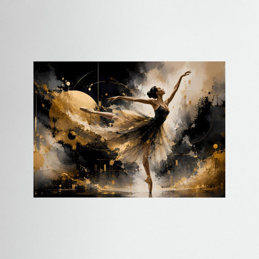 Abstraktes Wandbild mit Ballerina in schwebender Pose, schwarz-goldener Farbwirbel-Optik im Querformat