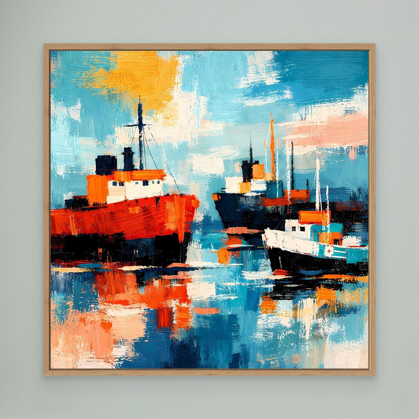 Leinwand-Wandbild mit abstrakten Schiffen im Hafen im Eichenrahmen, blau-rot